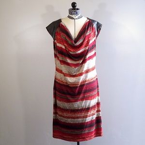 NWT Calvin Klein red black & tan cowl neck dress